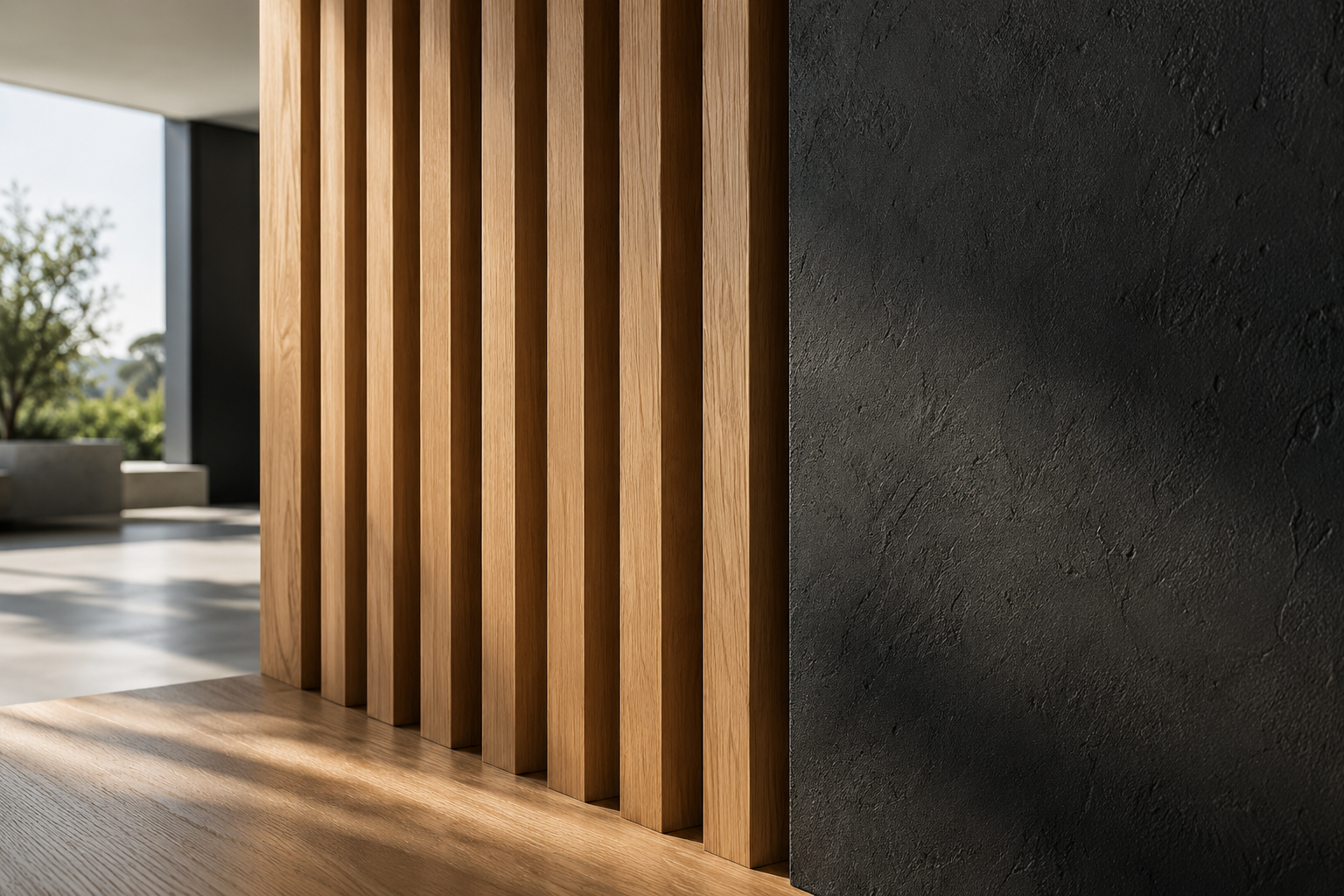 Warm timber joinery beside a dark architectural wall